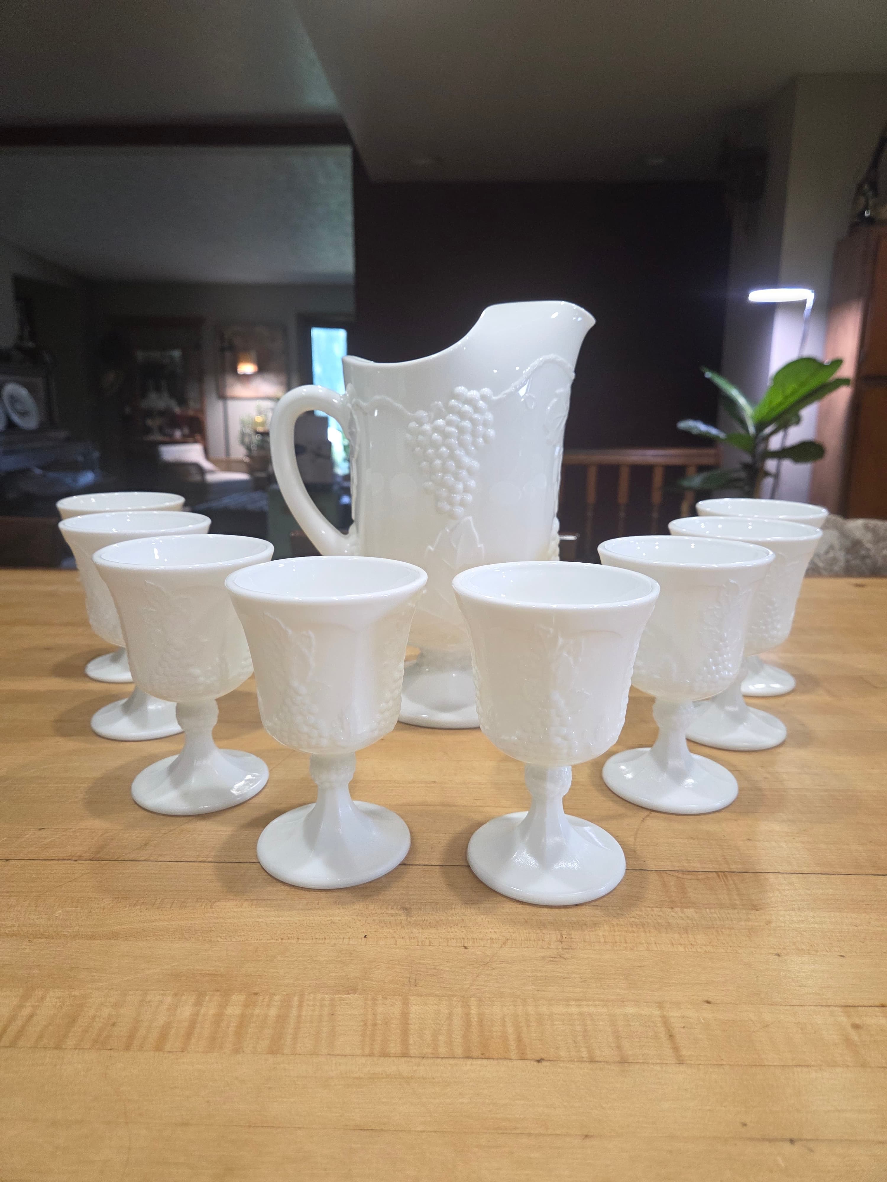 Vintage Indiana Glass Colony Harvest Grape Milk Glass Pitcher and 8 Goblets Set