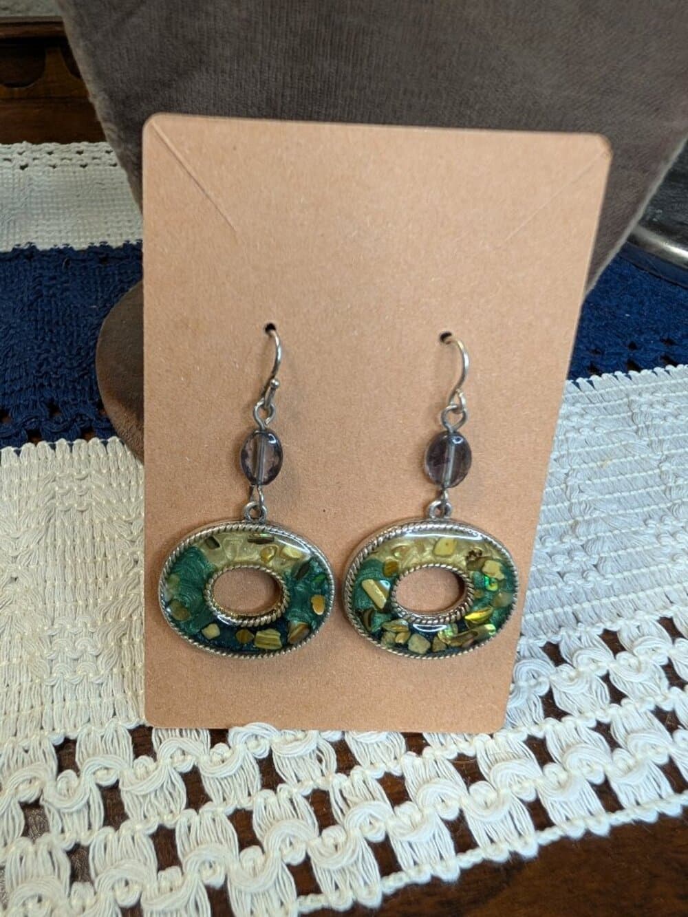 KC stamped Green and Gold Resin Dangle Earrings with Confetti Detail - Thumbnail 2