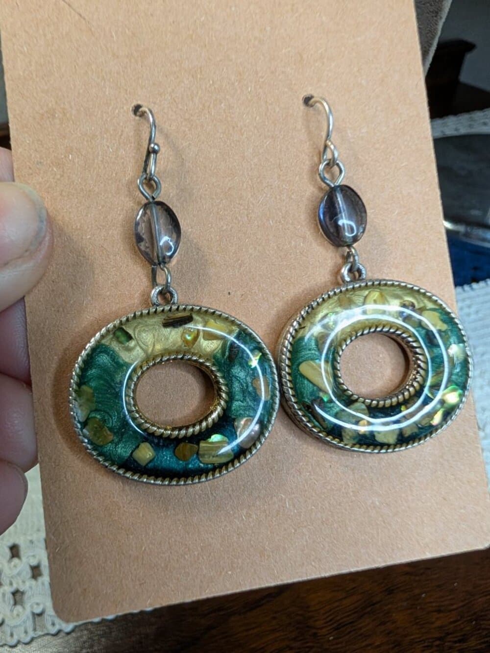 KC stamped Green and Gold Resin Dangle Earrings with Confetti Detail - Thumbnail 4