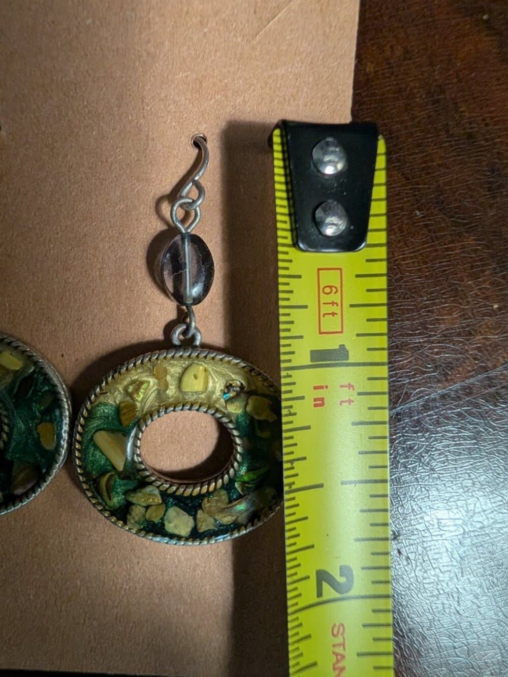 KC stamped Green and Gold Resin Dangle Earrings with Confetti Detail - Thumbnail 7