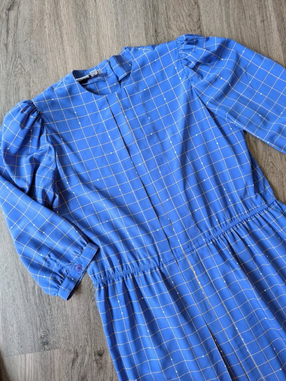 Vintage 1990s Blue Checkered Long Sleeve Dress - Thumbnail 3