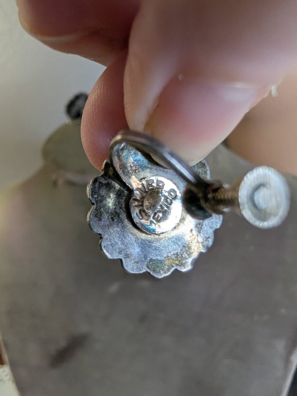 Vintage Silver Screw Back Earrings Round Sun Burst Stamped Mexico - Thumbnail 6