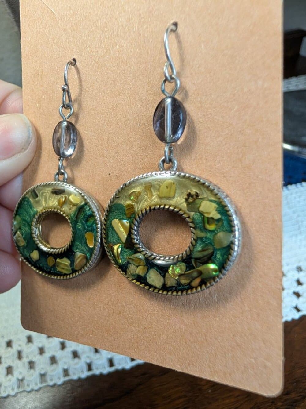 KC stamped Green and Gold Resin Dangle Earrings with Confetti Detail - Thumbnail 3