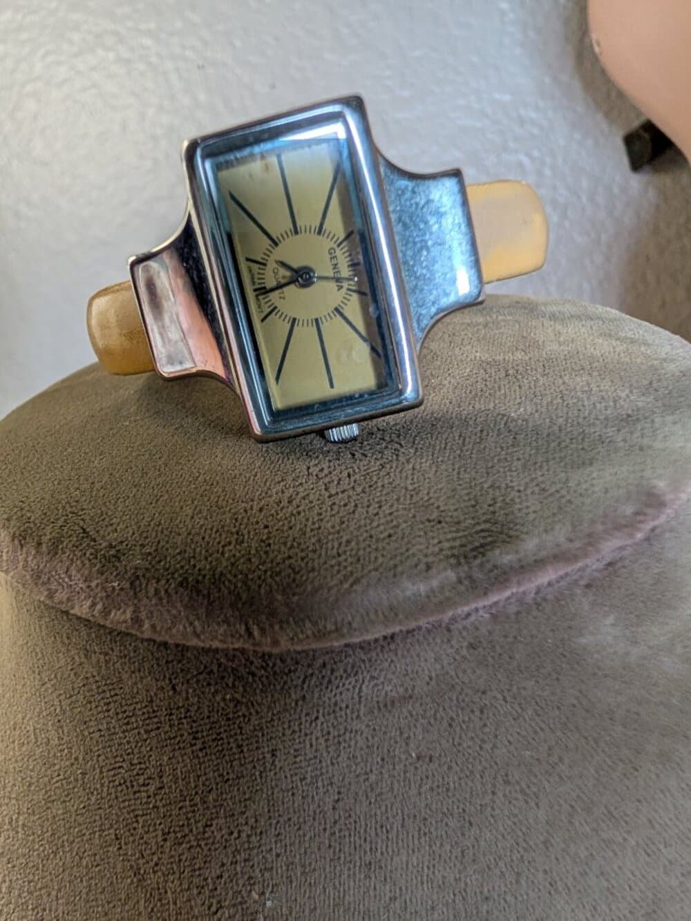 Vintage Geneva Quartz Watch with Yellow Hinged Cuff Rectangular Face - Thumbnail 3