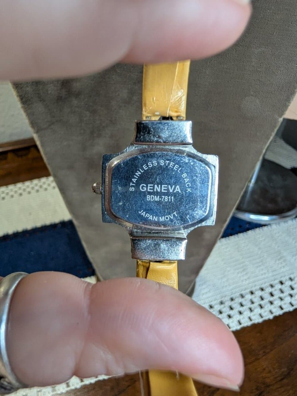 Vintage Geneva Quartz Watch with Yellow Hinged Cuff Rectangular Face - Thumbnail 6