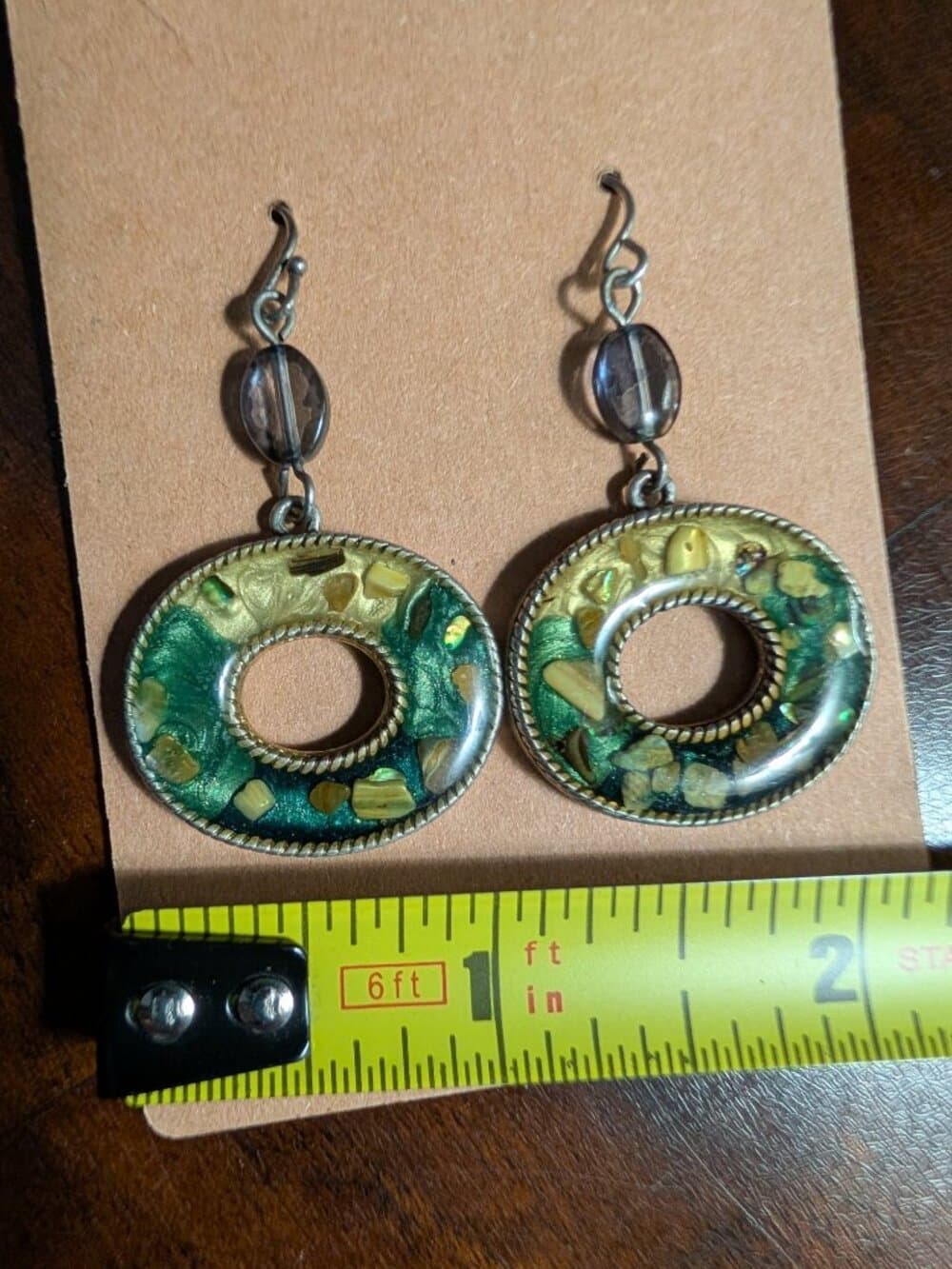 KC stamped Green and Gold Resin Dangle Earrings with Confetti Detail - Thumbnail 6