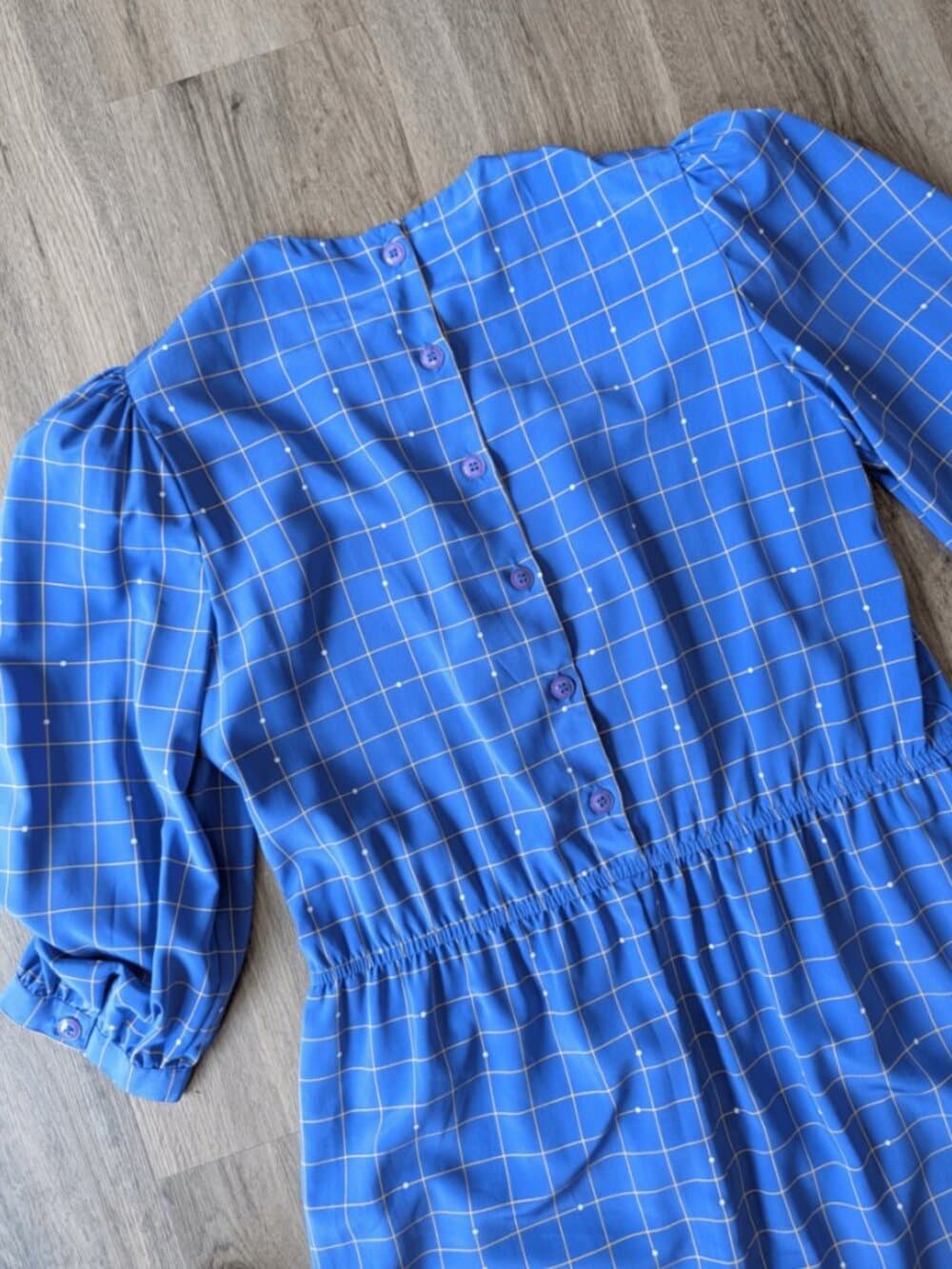Vintage 1990s Blue Checkered Long Sleeve Dress - Thumbnail 6