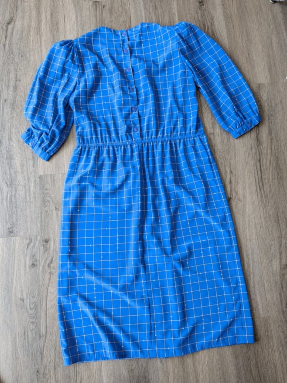 Vintage 1990s Blue Checkered Long Sleeve Dress - Thumbnail 5