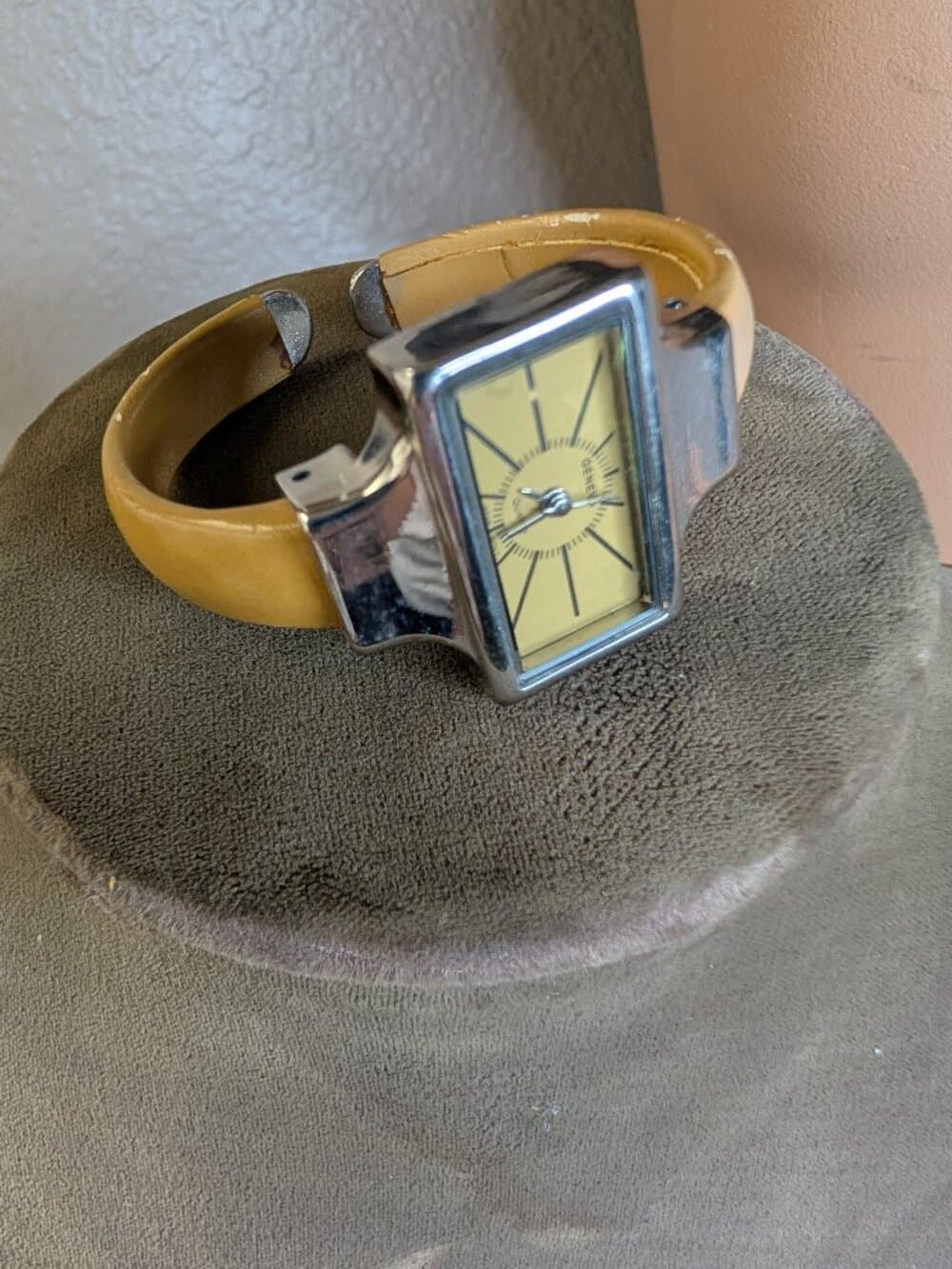 Vintage Geneva Quartz Watch with Yellow Hinged Cuff Rectangular Face - Thumbnail 2