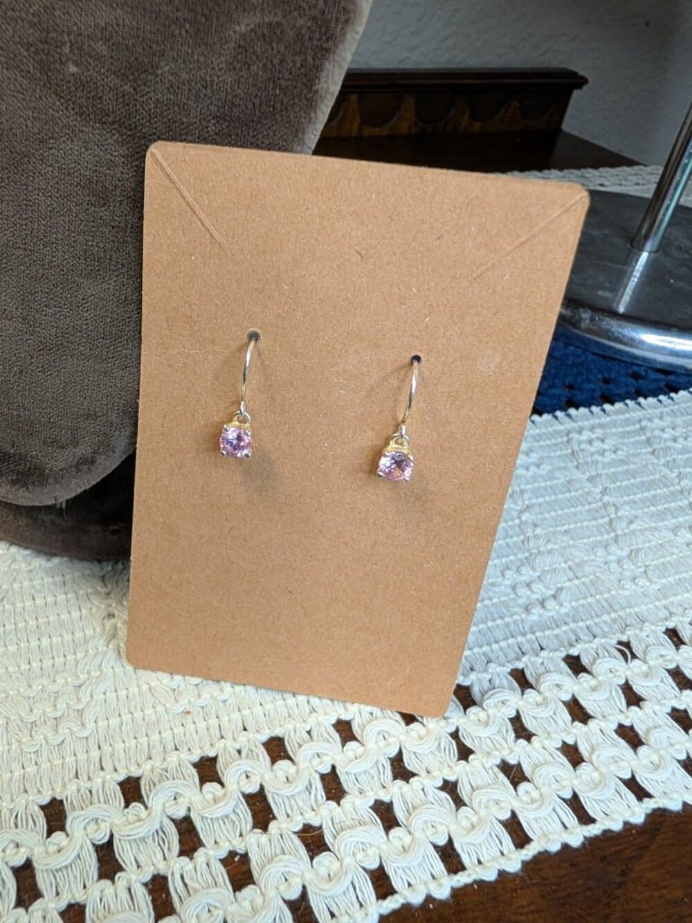 Sterling Silver Pink Drop Earrings Untested Stone stamped 925 - Thumbnail 2