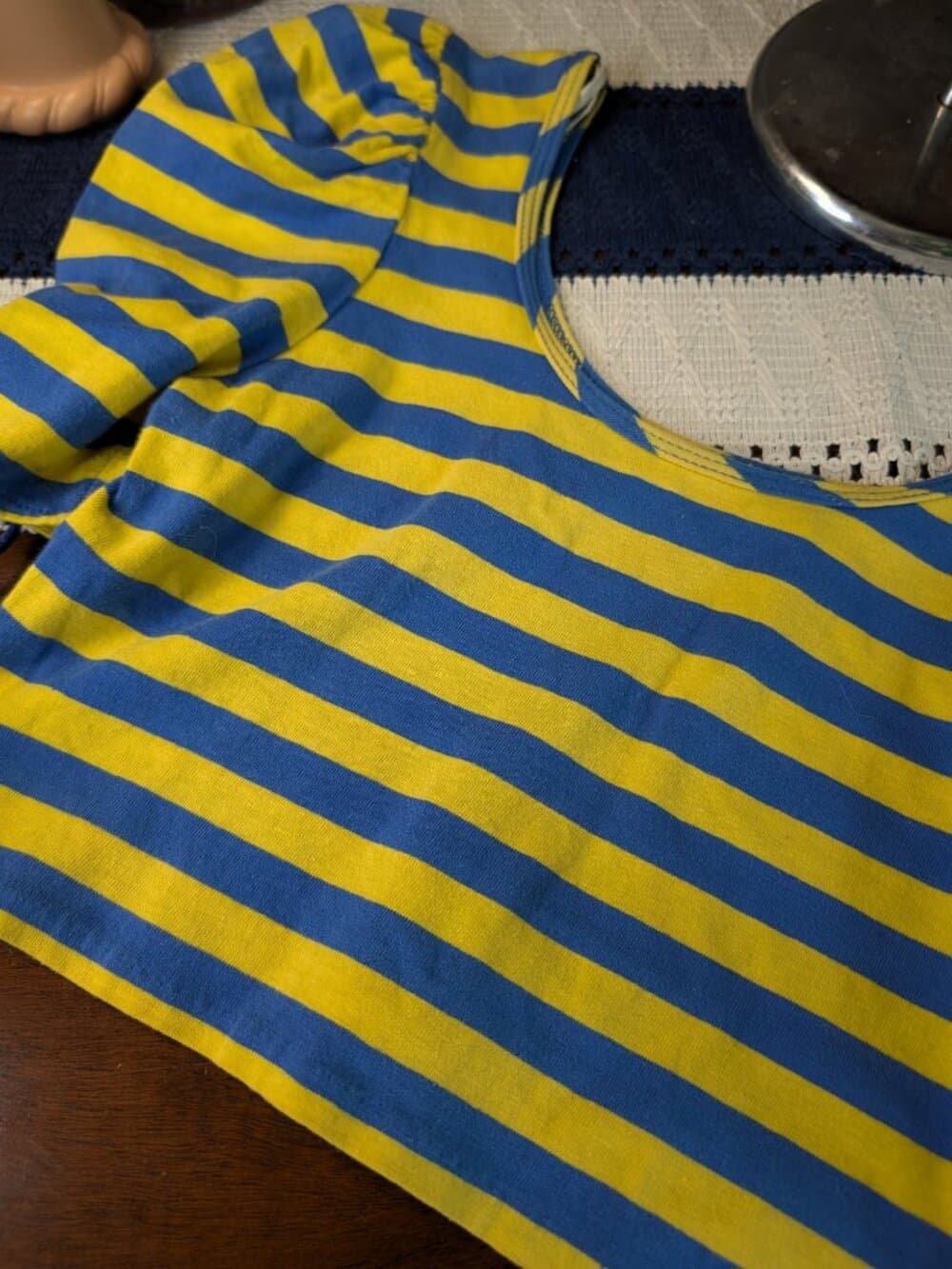 Vintage Colours Blue and Yellow Striped Puff Sleeve Crop Top Medium - Thumbnail 10