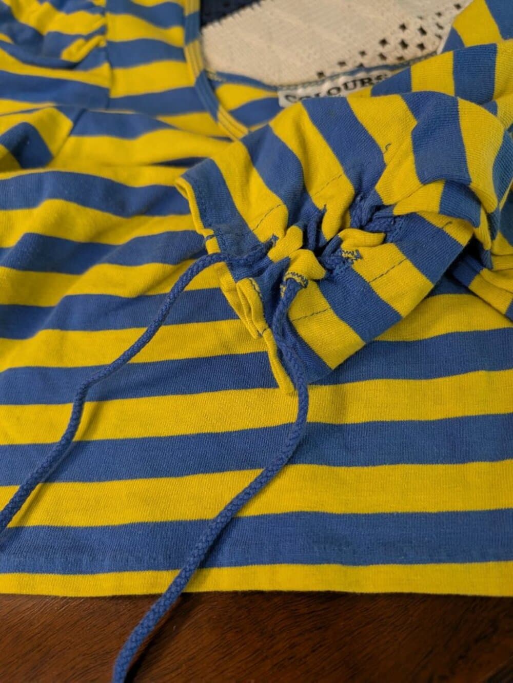 Vintage Colours Blue and Yellow Striped Puff Sleeve Crop Top Medium - Thumbnail 8