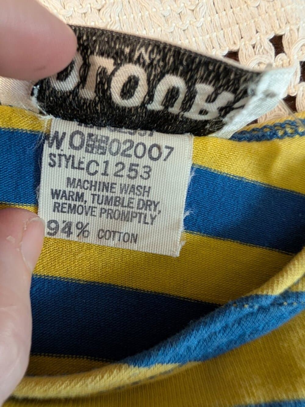 Vintage Colours Blue and Yellow Striped Puff Sleeve Crop Top Medium - Thumbnail 4