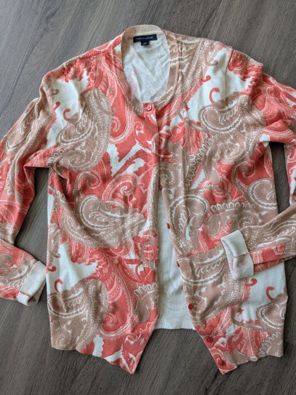 Tommy Hilfiger Coral Pink and White Paisley Cardigan Sweater - Thumbnail 2