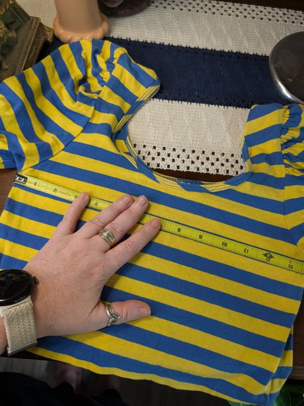 Vintage Colours Blue and Yellow Striped Puff Sleeve Crop Top Medium - Thumbnail 9