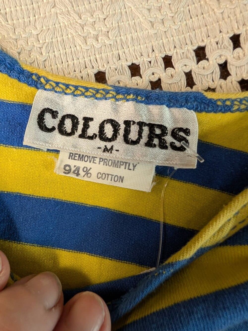 Vintage Colours Blue and Yellow Striped Puff Sleeve Crop Top Medium - Thumbnail 6