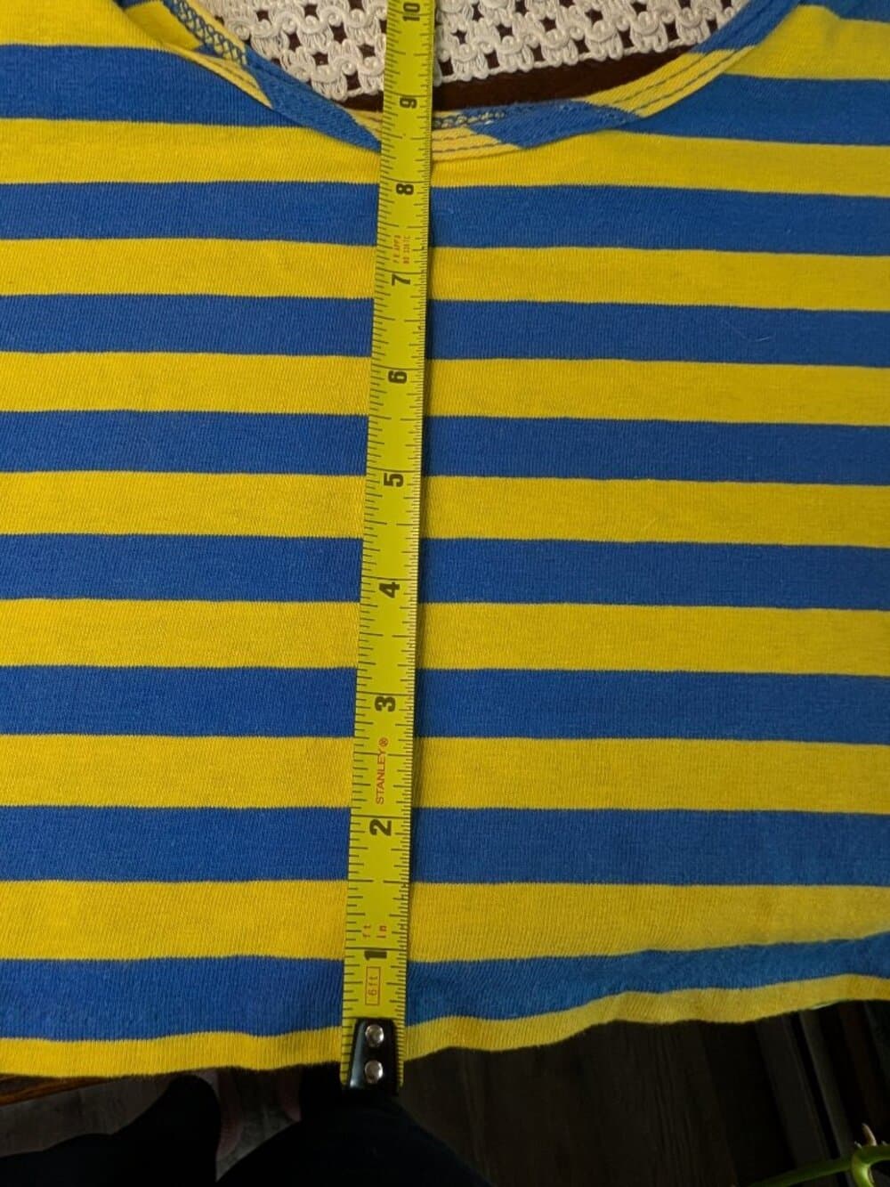 Vintage Colours Blue and Yellow Striped Puff Sleeve Crop Top Medium - Thumbnail 12