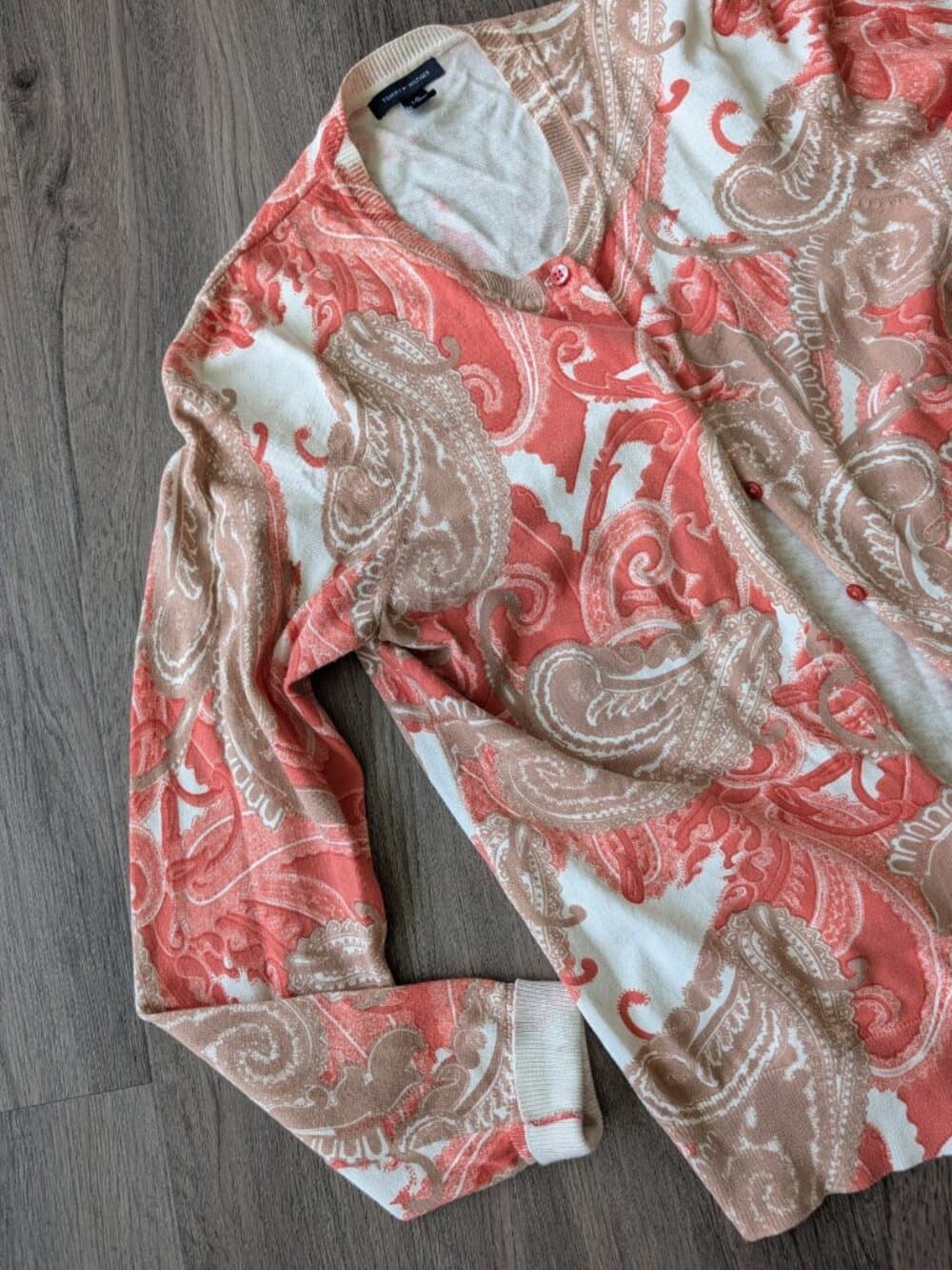Tommy Hilfiger Coral Pink and White Paisley Cardigan Sweater - Thumbnail 6