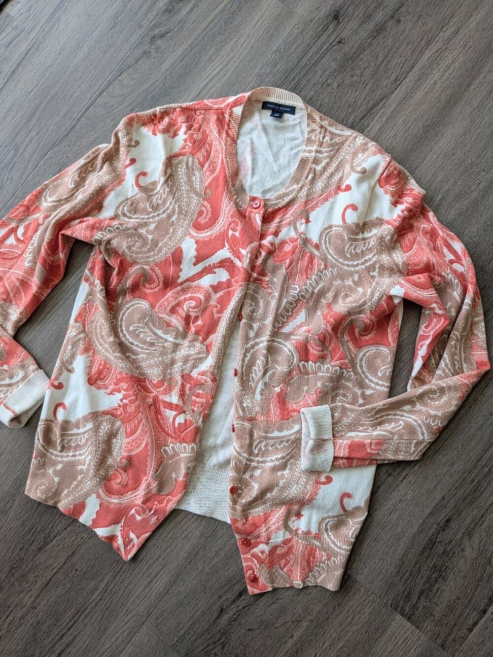 Tommy Hilfiger Coral Pink and White Paisley Cardigan Sweater - Thumbnail 3