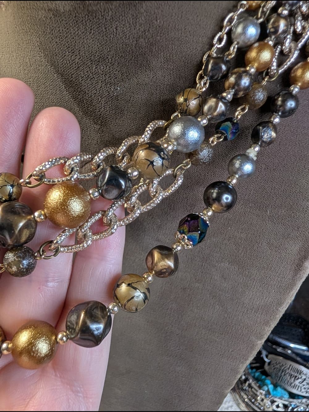 Vintage Japan? Multi-Strand Gold Tone Faux Pearl Beaded Statement Necklace - Thumbnail 2