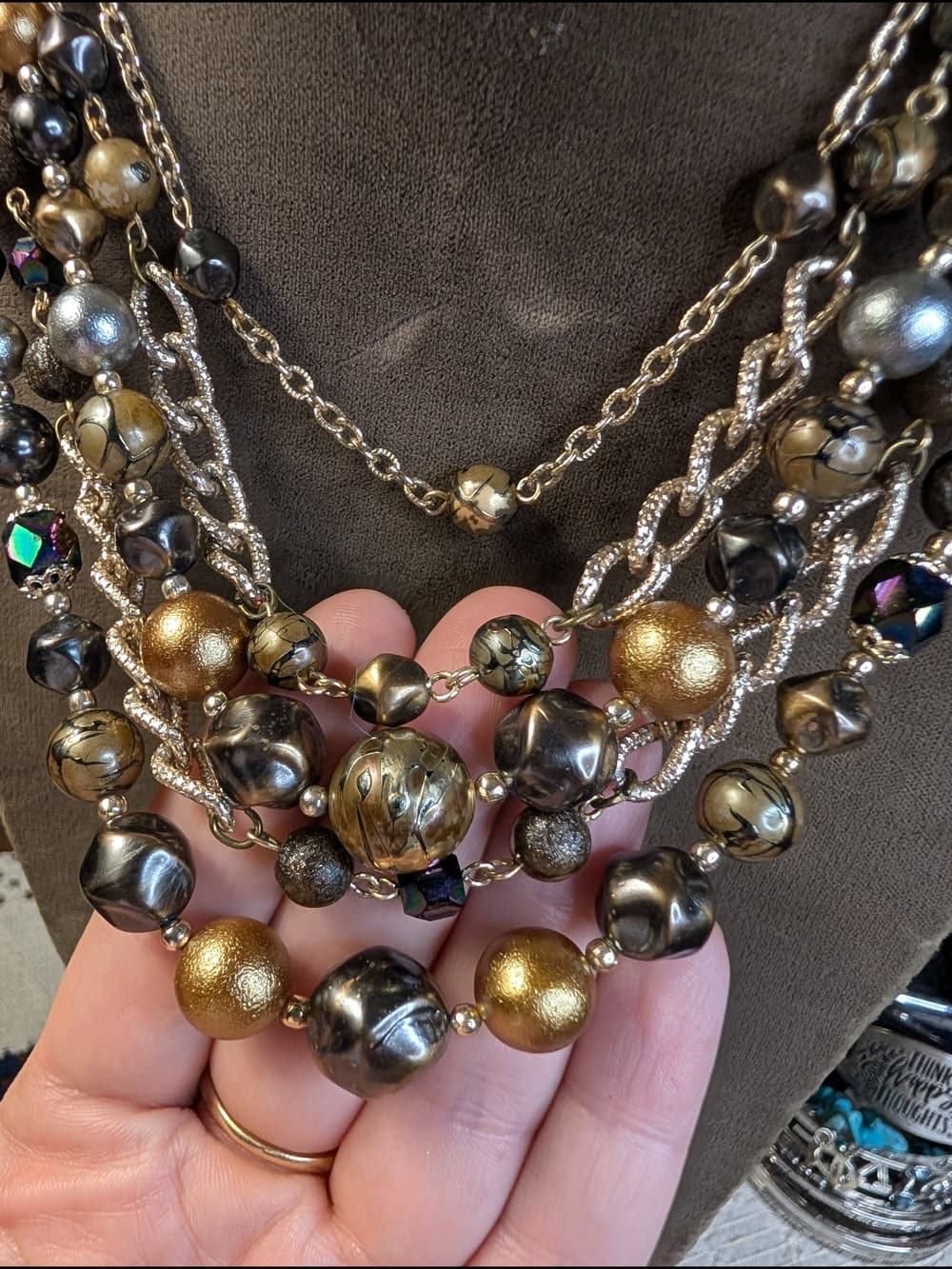 Vintage Japan? Multi-Strand Gold Tone Faux Pearl Beaded Statement Necklace - Thumbnail 3