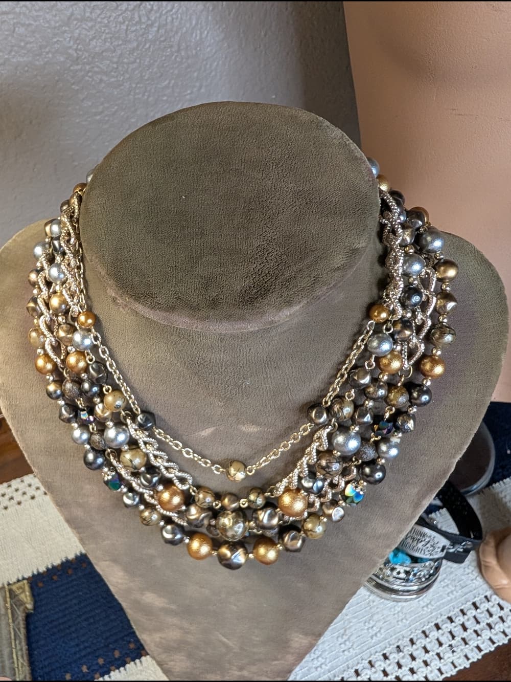 Vintage Japan? Multi-Strand Gold Tone Faux Pearl Beaded Statement Necklace - Thumbnail 4