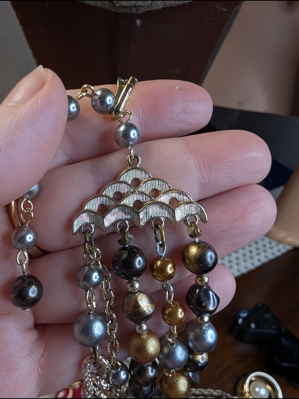 Vintage Japan? Multi-Strand Gold Tone Faux Pearl Beaded Statement Necklace - Thumbnail 9