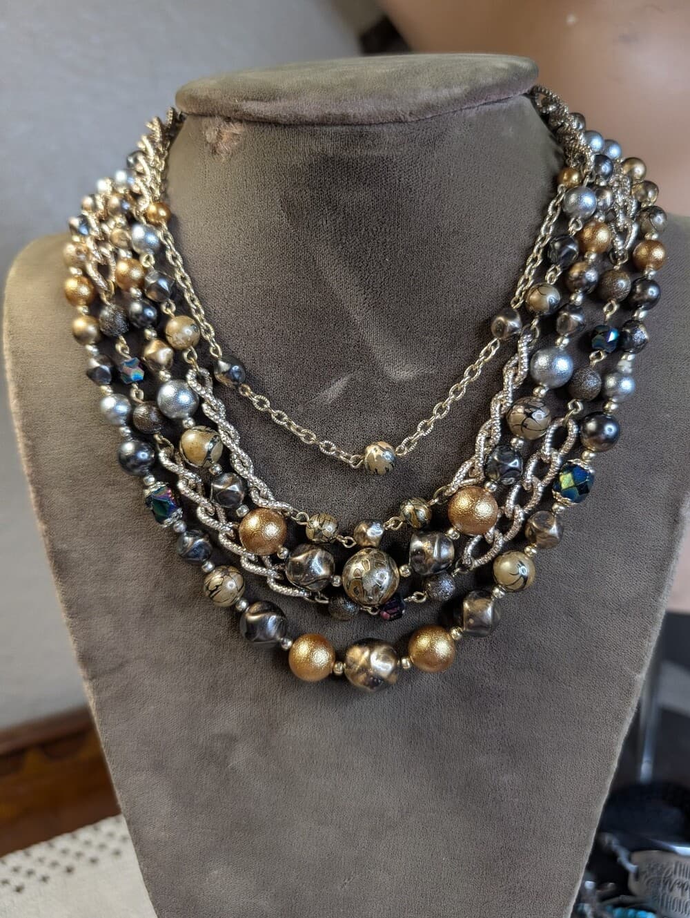 Vintage Japan? Multi-Strand Gold Tone Faux Pearl Beaded Statement Necklace - Thumbnail 14