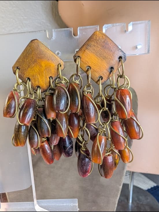 Chunky Wooden Bohemian Style Dangle Earrings With Brown Bakelite Beads - Thumbnail 12