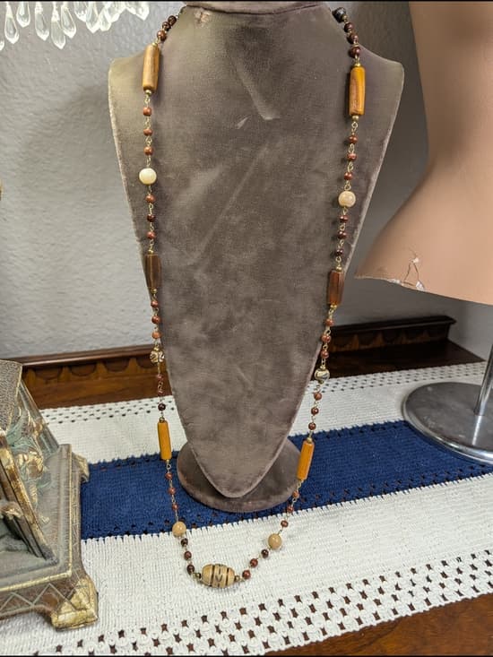 Vintage Carved Wood And Creamy Agate Long Beaded Women's Necklace - Thumbnail 12