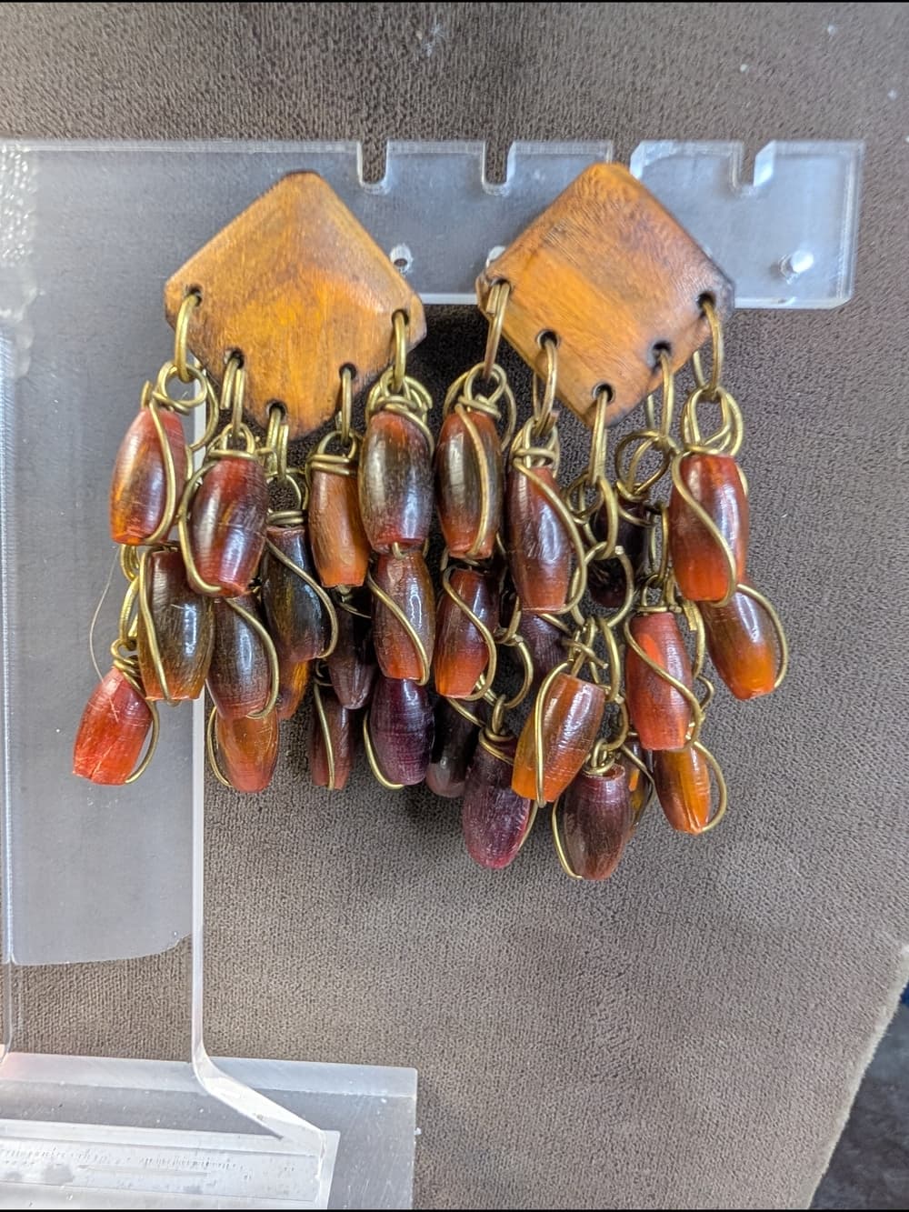 Chunky Wooden Bohemian Style Dangle Earrings With Brown Bakelite Beads - Thumbnail 3