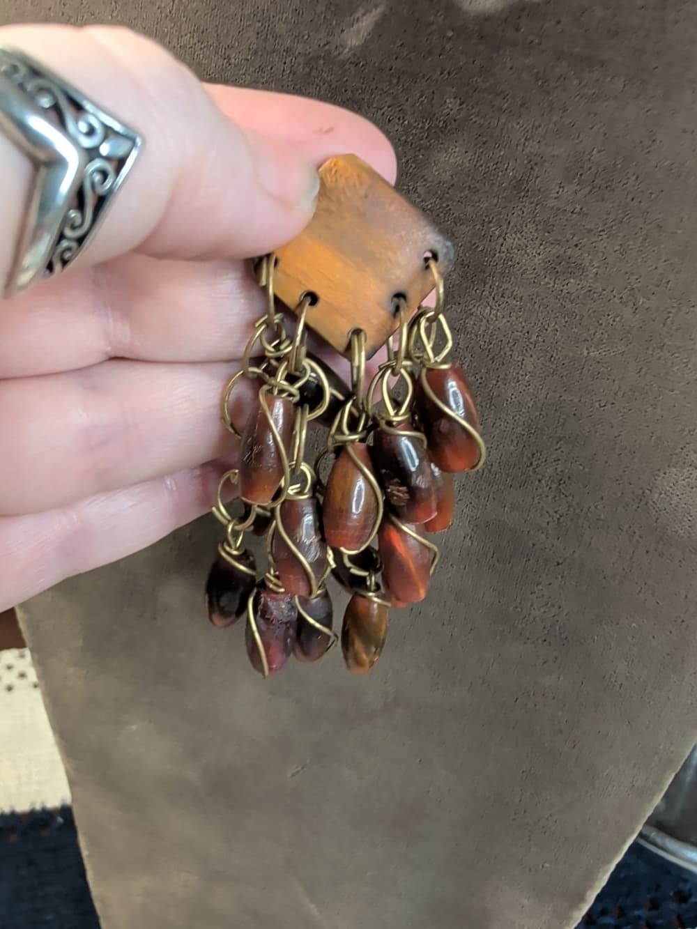 Chunky Wooden Bohemian Style Dangle Earrings With Brown Bakelite Beads - Thumbnail 2