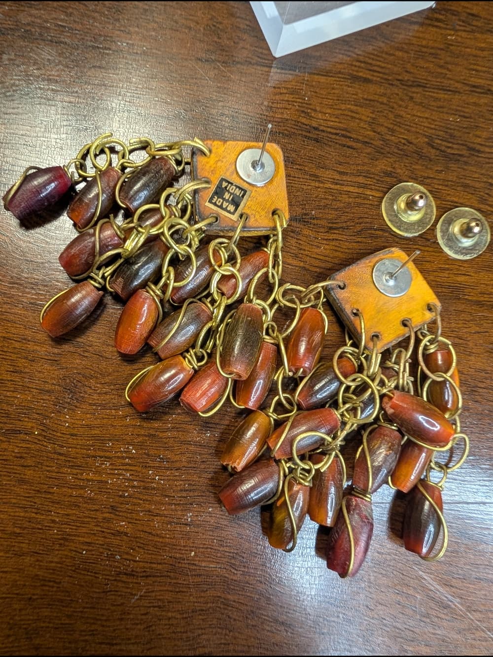 Chunky Wooden Bohemian Style Dangle Earrings With Brown Bakelite Beads - Thumbnail 6