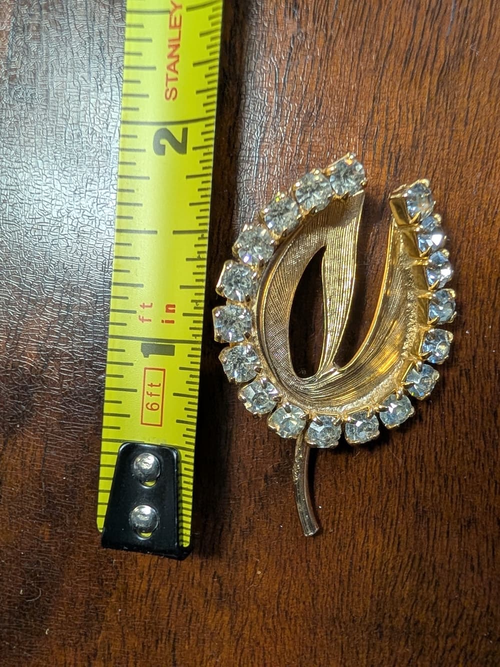 Vintage Gold Tone Leaf Crystal Brooch - Floral with Clear Rhinestones Formal - Thumbnail 7