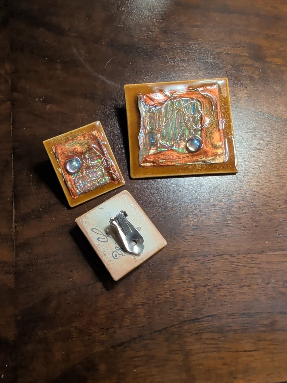 Vintage Hand Made Ceramic Signed Mix Media Art Brooch And Clip On Earrings - Thumbnail 2