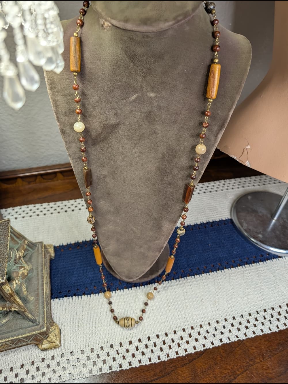Vintage Carved Wood And Creamy Agate Long Beaded Women's Necklace - Thumbnail 9