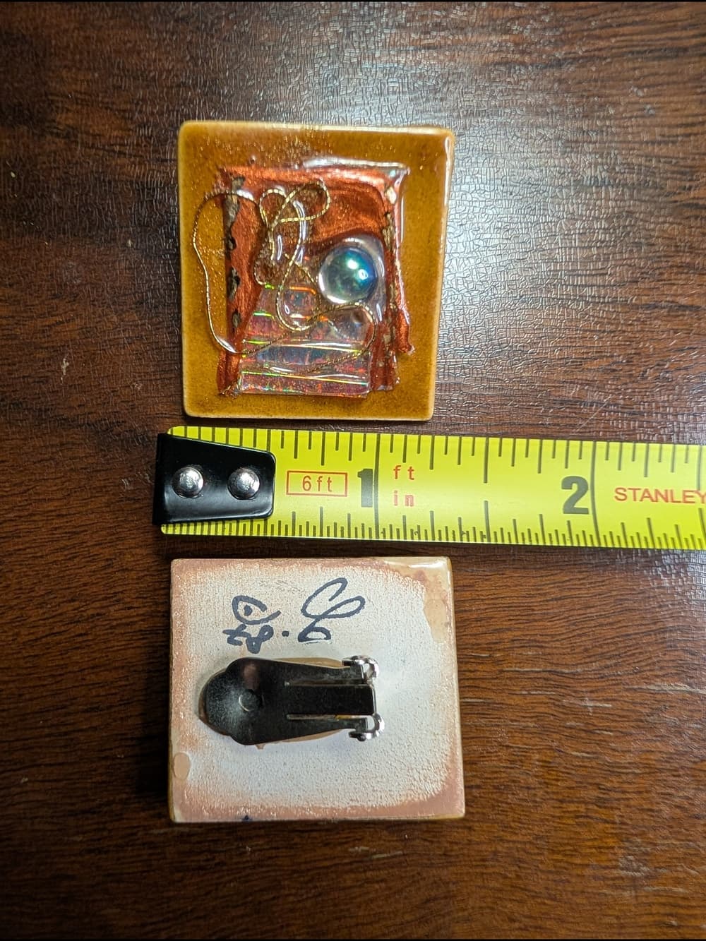 Vintage Hand Made Ceramic Signed Mix Media Art Brooch And Clip On Earrings - Thumbnail 13