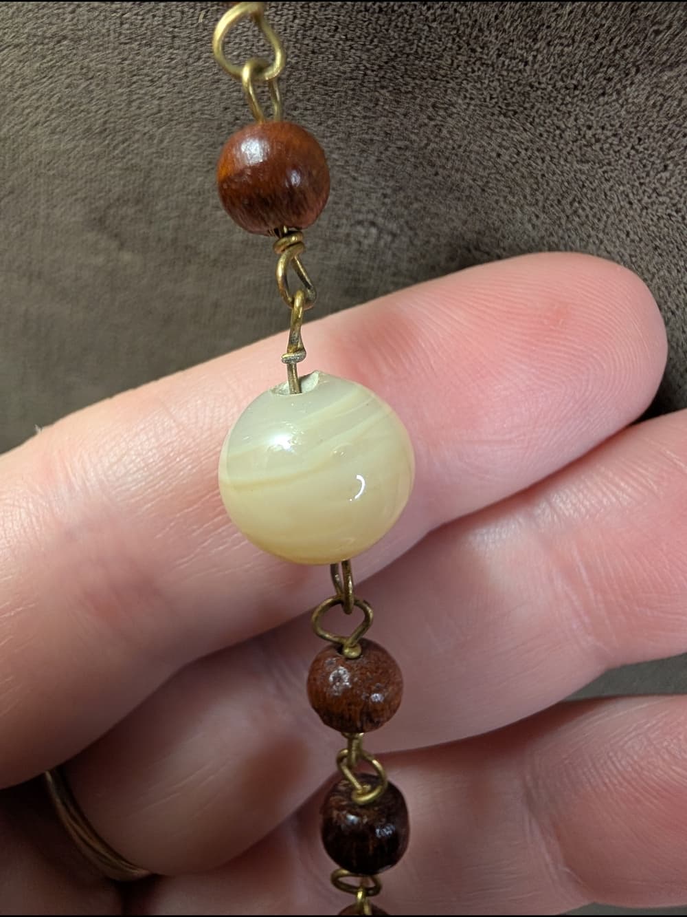 Vintage Carved Wood And Creamy Agate Long Beaded Women's Necklace - Thumbnail 8