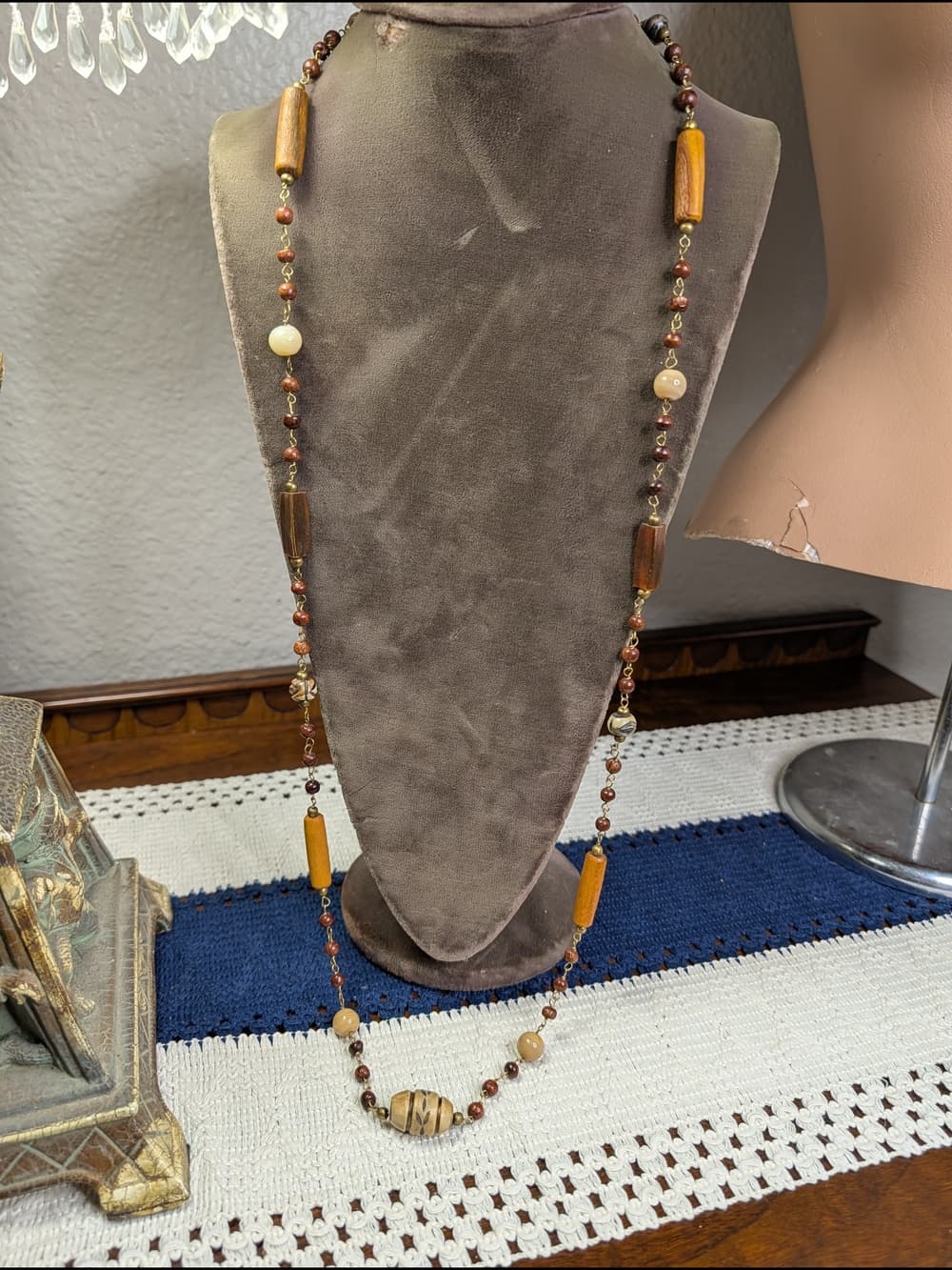 Vintage Carved Wood And Creamy Agate Long Beaded Women's Necklace - Thumbnail 11