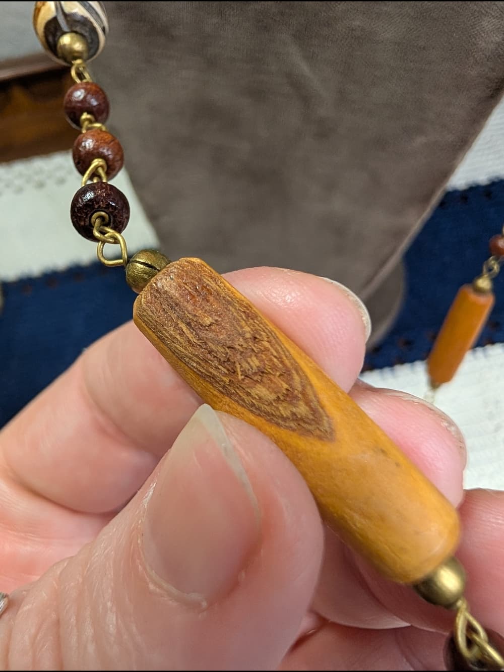 Vintage Carved Wood And Creamy Agate Long Beaded Women's Necklace - Thumbnail 4