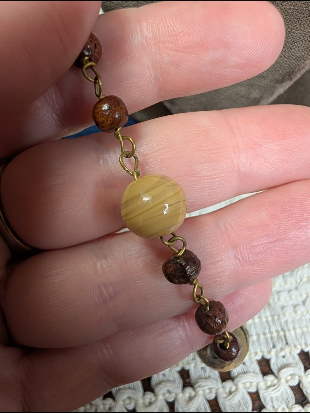 Vintage Carved Wood And Creamy Agate Long Beaded Women's Necklace - Thumbnail 7