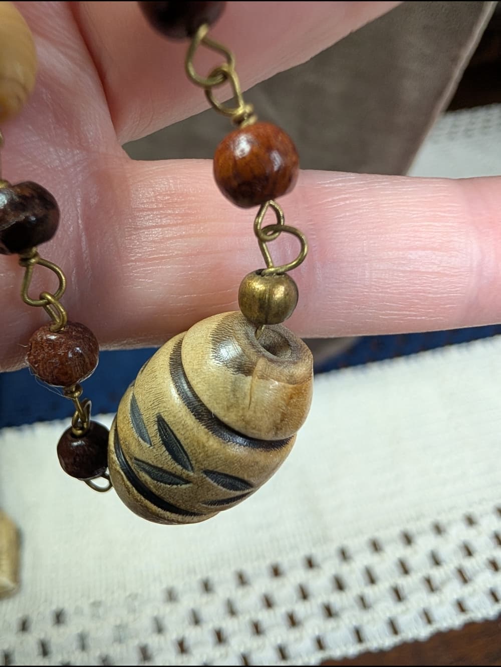 Vintage Carved Wood And Creamy Agate Long Beaded Women's Necklace - Thumbnail 6