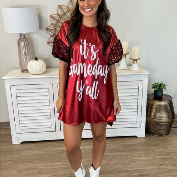 Red Sequin Sleeve Gameday Shirt Dress - Thumbnail 2