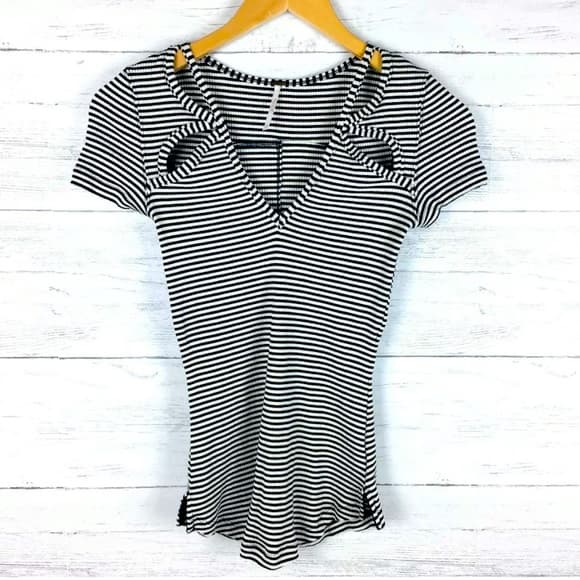 Free People Black and White Striped Rib Knit Top - Thumbnail 8