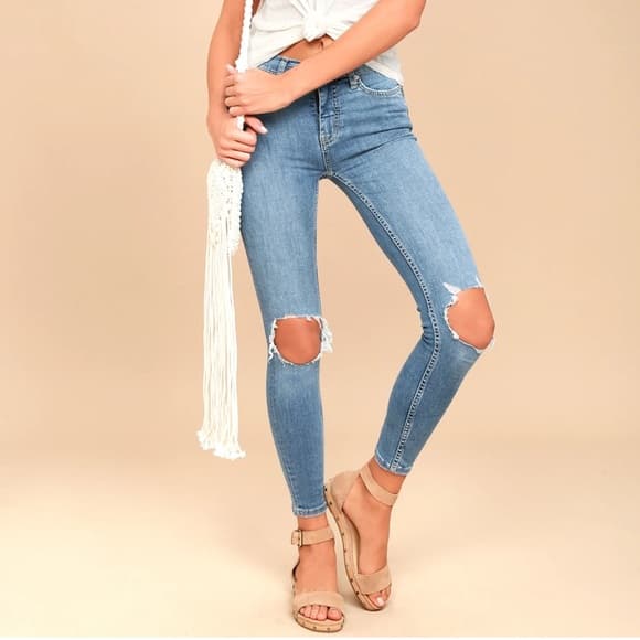 Free People Light Blue Ripped Skinny Jeans - Thumbnail 5