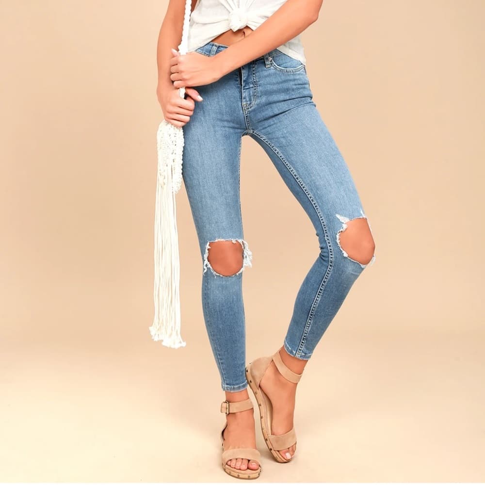 Free People Light Blue Ripped Skinny Jeans - Thumbnail 4