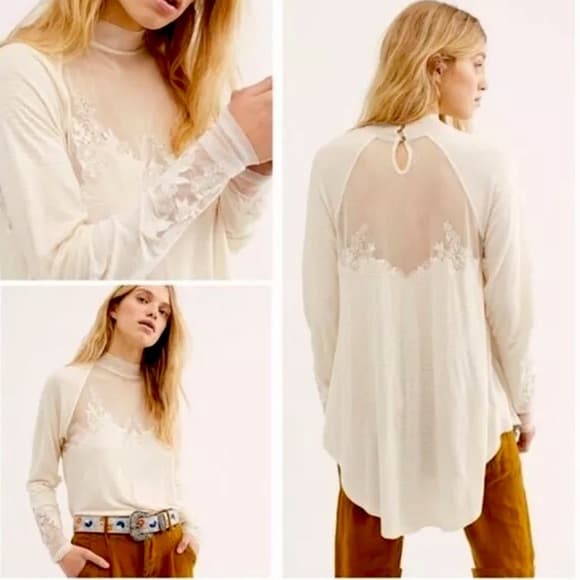 Free People Lace Mock Neck Embroidered Blouse​ - Thumbnail 5