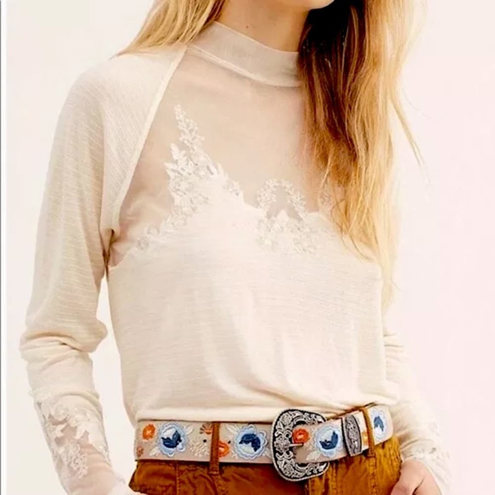 Free People Lace Mock Neck Embroidered Blouse​ - Thumbnail 2