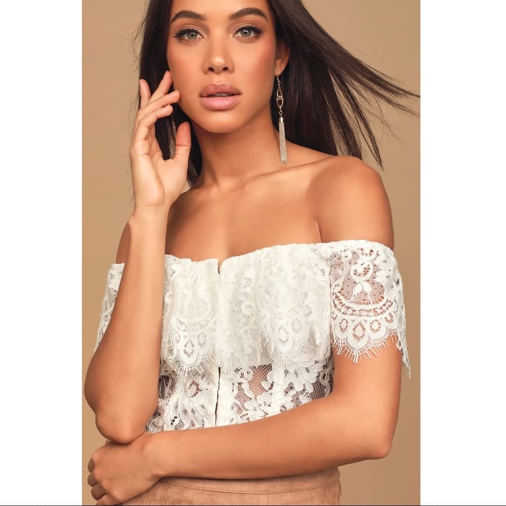 Lulu's White Lace Off-the-Shoulder Bodysuit