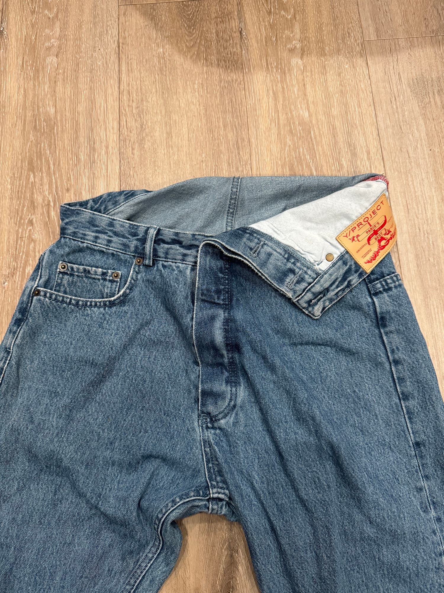Y/Project Asymmetrical Double-Waistband "Paris's Best" Jeans